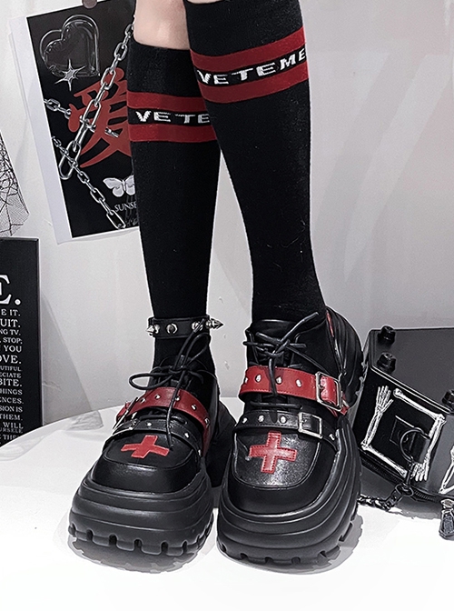 Solid Color Daily Round Head Contrast Color Crucifix Halloween Sweet-Cool Punk Lolita Mid-Heel Platform Shoes