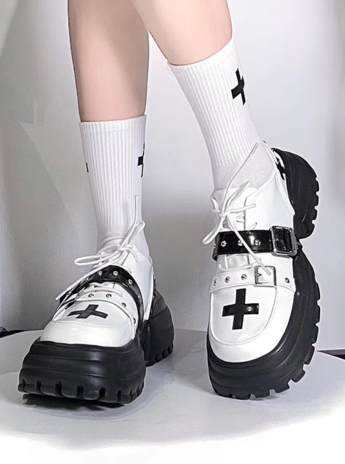 Solid Color Daily Round Head Contrast Color Crucifix Halloween Sweet-Cool Punk Lolita Mid-Heel Platform Shoes