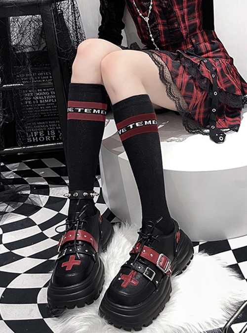 Solid Color Daily Round Head Contrast Color Crucifix Halloween Sweet-Cool Punk Lolita Mid-Heel Platform Shoes