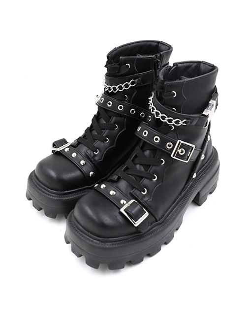 Solid Color Autumn-Winter Metal Chain Rivets Decorative Lace-Up Zipper Punk Lolita Square Toe Low Heel Martin Boots