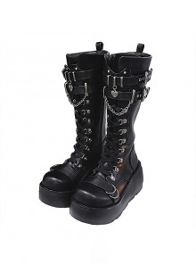 Black Tall Tube Handsome Metal Chain Love Decoration Round Head High-Heeled Autumn Punk Lolita Martin Boots