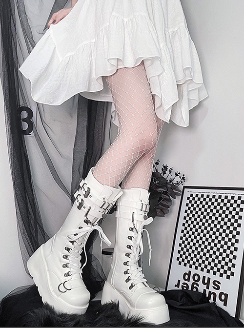 Black Tall Tube Handsome Metal Chain Love Decoration Round Head High-Heeled Autumn Punk Lolita Martin Boots