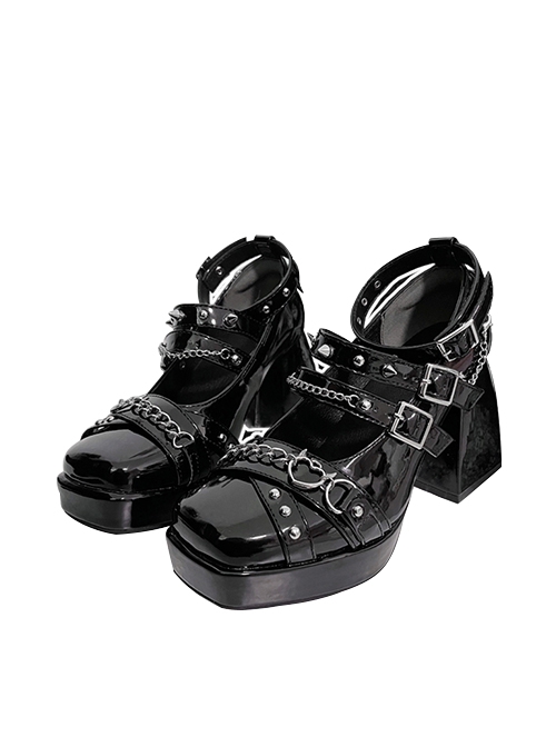 Reincarnated Demon Series Metal Rivet Love Devil Square Toe Solid Color Thick Heel Punk Lolita High Heels