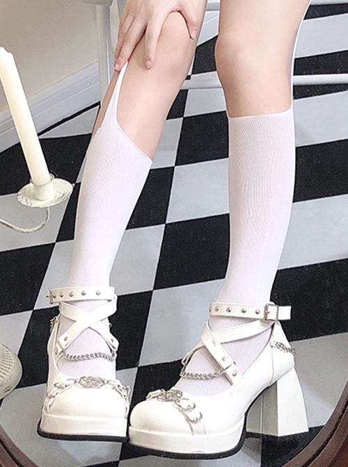 Solid Color Chunky Heel Pentagram Metal Chain Round Toe Elegant Daily Punk Lolita High Heels