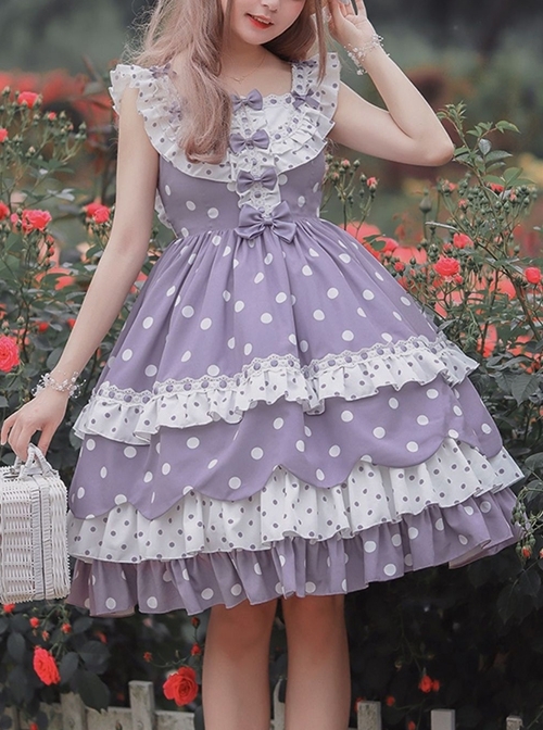 Purple Polka Dot Bow Lace Ruffle Cake Dress Classic Lolita Sleeveless Dress