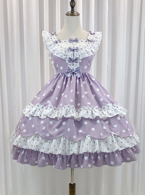 Purple Polka Dot Bow Lace Ruffle Cake Dress Classic Lolita Sleeveless Dress