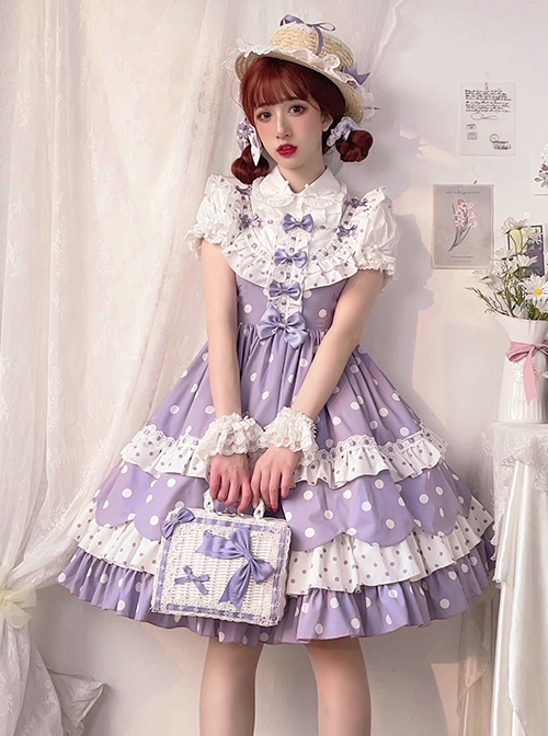 Purple Polka Dot Bow Lace Ruffle Cake Dress Classic Lolita Sleeveless Dress