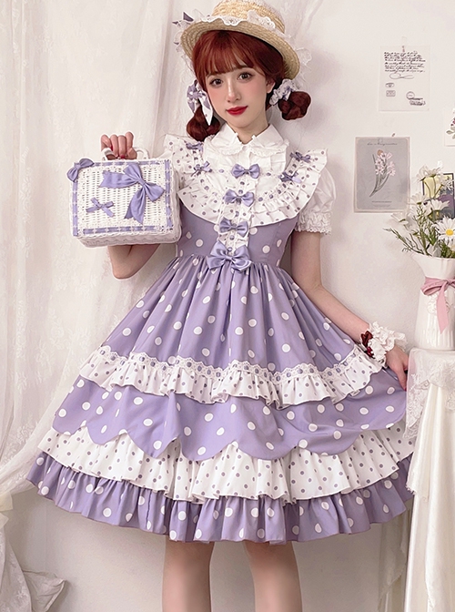 Purple Polka Dot Bow Lace Ruffle Cake Dress Classic Lolita Sleeveless Dress