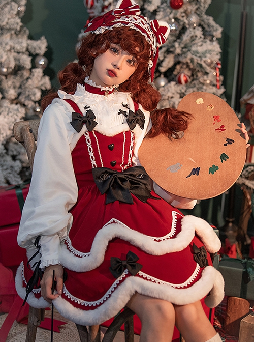 Cute Autumn Winter Christmas Long Sleeve Shirt Lace Bow Cat Ear Hair Accessories Plush Sweet Lolita Sleeveless Dress Set
