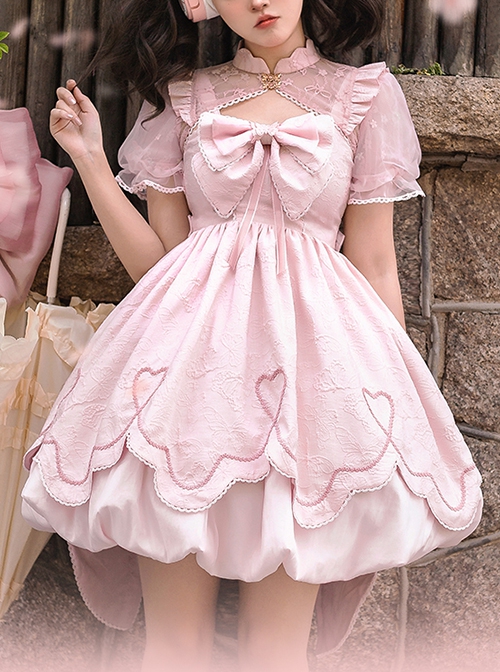 Chinese Style Cute Jacquard Hollow Bow Petal Hem Design Sweet Lolita Sleeveless Dress Set