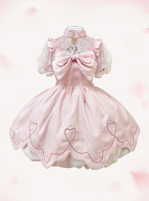 Chinese Style Cute Jacquard Hollow Bow Petal Hem Design Sweet Lolita Sleeveless Dress Set