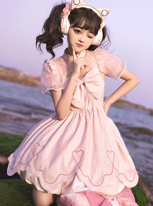 Chinese Style Cute Jacquard Hollow Bow Petal Hem Design Sweet Lolita Sleeveless Dress Set