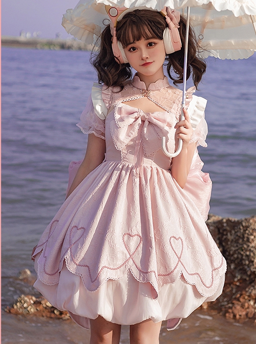 Chinese Style Cute Jacquard Hollow Bow Petal Hem Design Sweet Lolita Sleeveless Dress Set