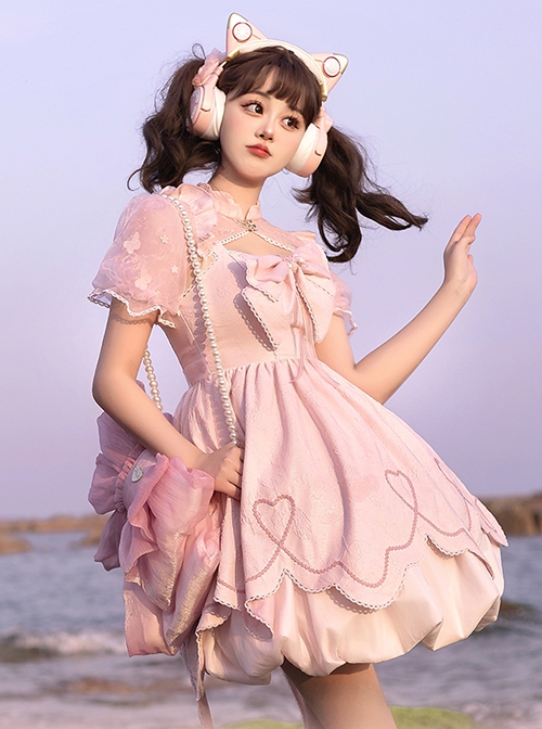 Chinese Style Cute Jacquard Hollow Bow Petal Hem Design Sweet Lolita Sleeveless Dress Set