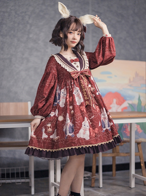 Exam Rabbit Series Red Festival Cute Bunny Print Spring Autumn Classic Lolita Long Sleeve Dress