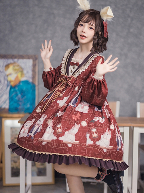 Exam Rabbit Series Red Festival Cute Bunny Print Spring Autumn Classic Lolita Long Sleeve Dress