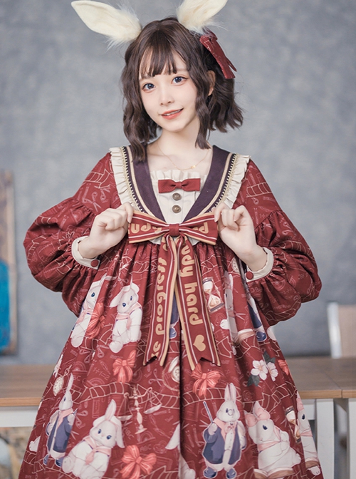 Exam Rabbit Series Red Festival Cute Bunny Print Spring Autumn Classic Lolita Long Sleeve Dress