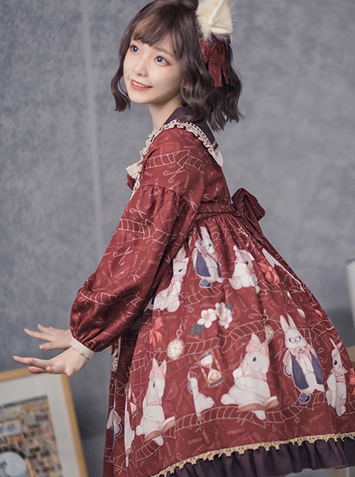 Exam Rabbit Series Red Festival Cute Bunny Print Spring Autumn Classic Lolita Long Sleeve Dress