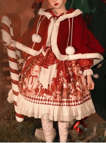 Red Festive Print Lace Hem Dress Plush Cape Christmas Sweet Lolita Long Sleeve Dress Set