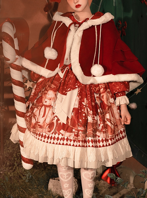 Red Festive Print Lace Hem Dress Plush Cape Christmas Sweet Lolita Long Sleeve Dress Set