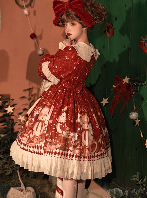 Red Festive Print Lace Hem Dress Plush Cape Christmas Sweet Lolita Long Sleeve Dress Set