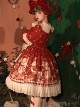 Red Festive Print Lace Hem Dress Plush Cape Christmas Sweet Lolita Long Sleeve Dress Set