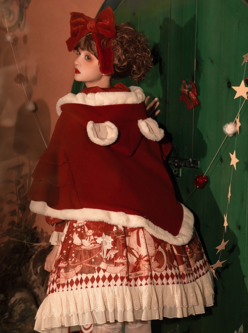 Red Festive Print Lace Hem Dress Plush Cape Christmas Sweet Lolita Long Sleeve Dress Set