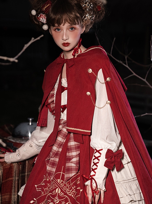 Palace Little Red Riding Hood Series Lace Ruffled Plaid Bowknot Grey Wolf Rose Embroidery Christmas Classic Lolita Dress Cloak Set