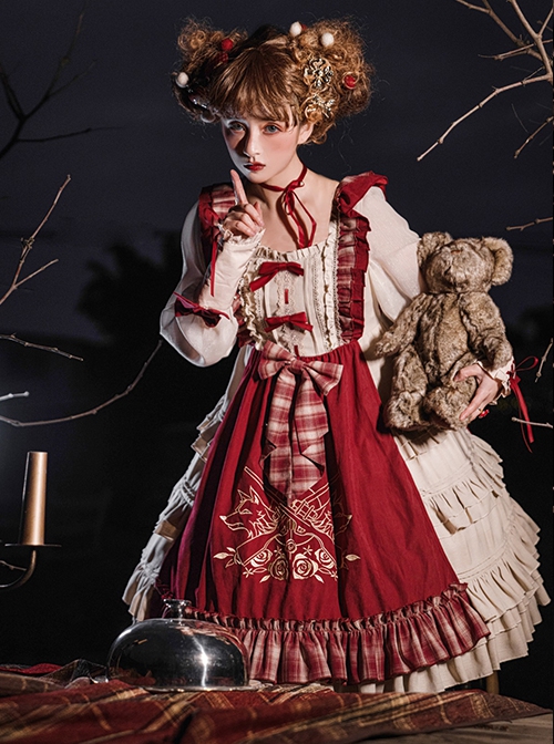 Palace Little Red Riding Hood Series Lace Ruffled Plaid Bowknot Grey Wolf Rose Embroidery Christmas Classic Lolita Dress Cloak Set