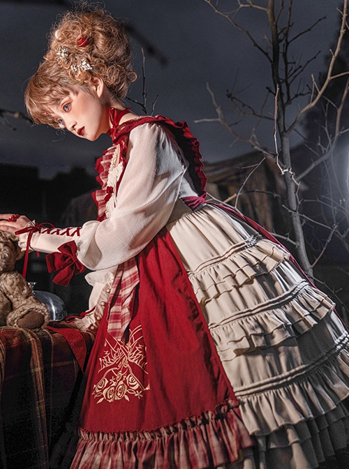 Palace Little Red Riding Hood Series Lace Ruffled Plaid Bowknot Grey Wolf Rose Embroidery Christmas Classic Lolita Dress Cloak Set