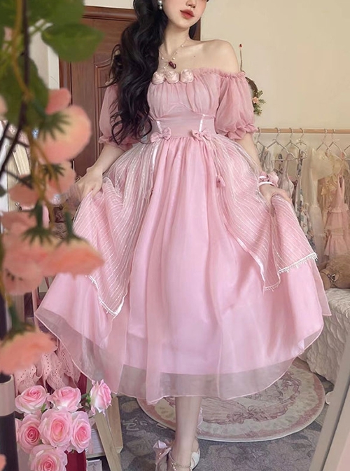 Solid Color Cutout Off Shoulder Puff Sleeve Bow Elegant Daily Classic Lolita Short Sleeve Dress