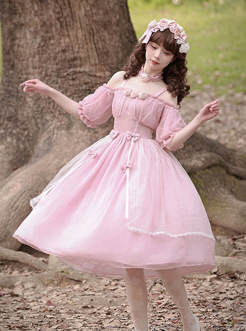 Solid Color Cutout Off Shoulder Puff Sleeve Bow Elegant Everyday Classic Lolita Short Sleeve Dress