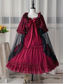 Solid Color Elegant Spring Summer Square Neck Lace Polka Dot Cloak Two-Wear Design Classic Lolita Short-Sleeved Dress