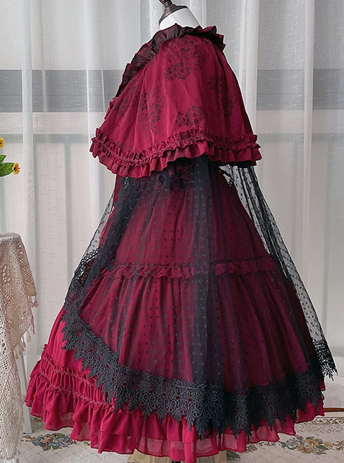 Solid Color Elegant Spring Summer Square Neck Lace Polka Dot Cloak Two-Wear Design Classic Lolita Short-Sleeved Dress