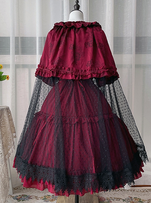 Solid Color Elegant Spring Summer Square Neck Lace Polka Dot Cloak Two-Wear Design Classic Lolita Short-Sleeved Dress