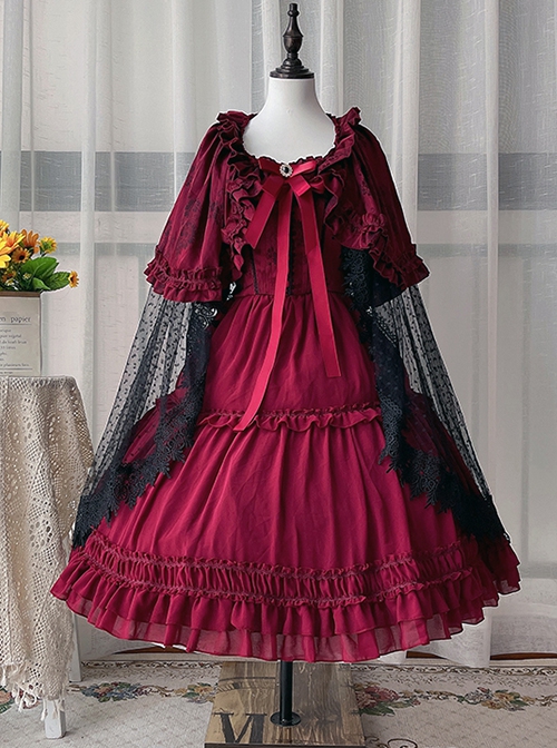 Solid Color Elegant Spring Summer Square Neck Lace Polka Dot Cloak Two-Wear Design Classic Lolita Short-Sleeved Dress