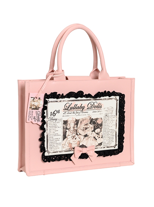 Vintage Black-Pink Contrast Antique Doll Printing Lace Bow Classic Lolita Handbag