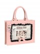 Vintage Black-Pink Contrast Antique Doll Printing Lace Bow Classic Lolita Handbag