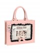 Vintage Black-Pink Contrast Antique Doll Printing Lace Bow Classic Lolita Handbag