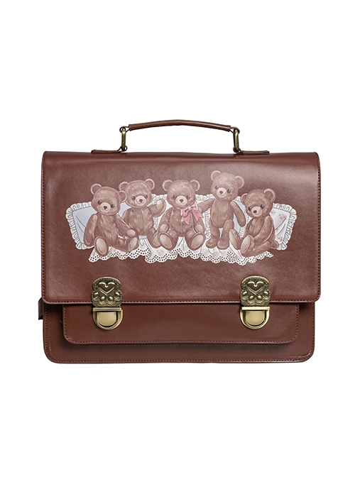 Brown Vintage Oxford Bag Pillow Side Little Bear Print Brass Buckle School Lolita Bag