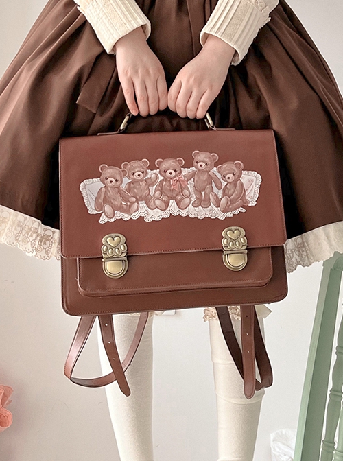 Brown Vintage Oxford Bag Pillow Side Little Bear Print Brass Buckle School Lolita Bag