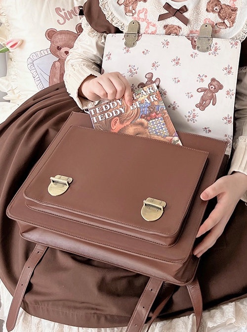 Brown Vintage Oxford Bag Pillow Side Little Bear Print Brass Buckle School Lolita Bag