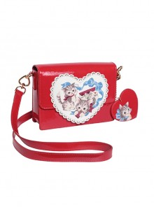 Lace Trimmed Heart Kitten Print Patent Leather Classic Lolita Shoulder Bag