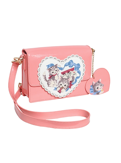 Lace Trimmed Heart Kitten Print Patent Leather Classic Lolita Shoulder Bag