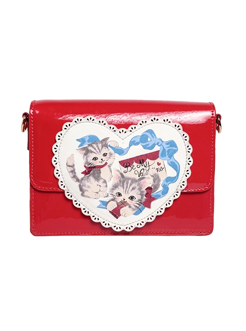 Lace Trimmed Heart Kitten Print Patent Leather Classic Lolita Shoulder Bag
