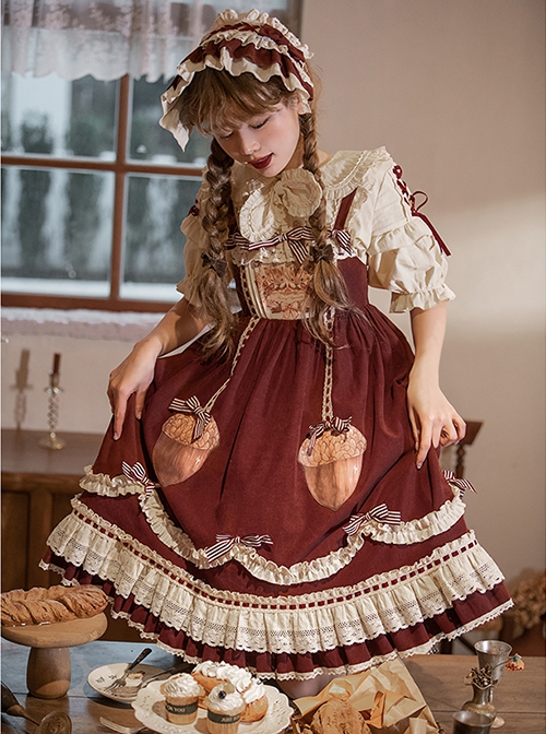 Small Acorn Series Lace Squirrel Acorn Print Striped Bow Decorative Lace Hem Sweet Lolita Sleeveless Dress