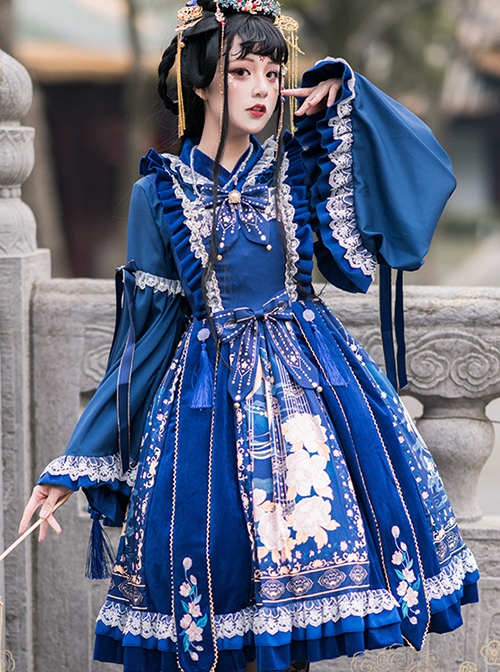 Chinese Style Hanfu Elements Improved Lace Trumpet Sleeves Embroidered Printed Bows Elegant Classic Lolita Sleeveless Dress Long Sleeve Shirt Suit