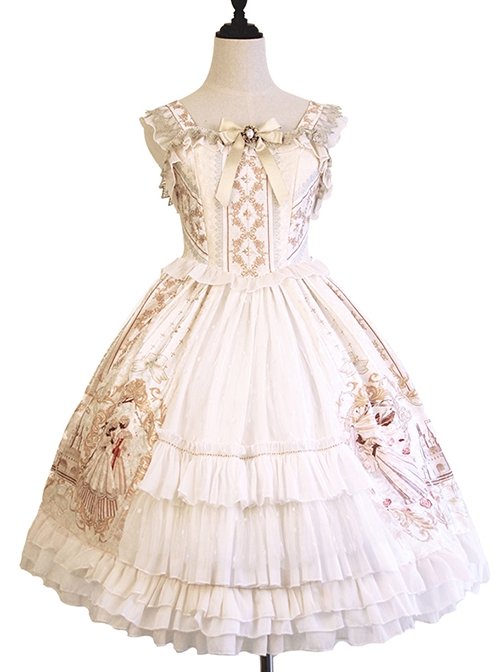 Court Retro Delicate Gold Thread Lace-Trimmed Jacquard Chiffon Ruffled Open Placket Hem Classic Lolita Sleeveless Dress