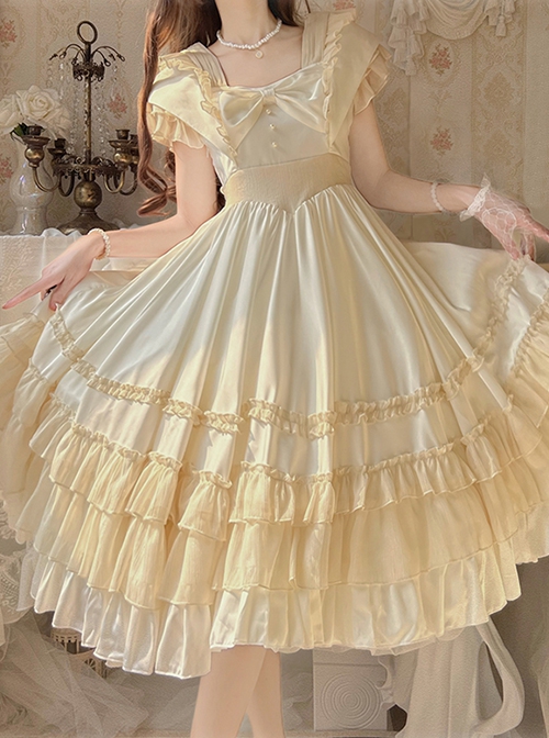 French Court Elegant Solid Color Square Neck Bow Ruffled Large Skirt Hem Chiffon Classic Lolita Short-Sleeved Dress