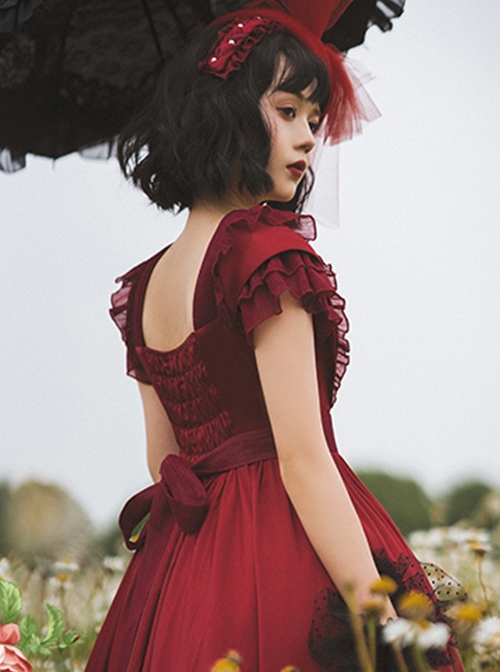 French Court Elegant Solid Color Square Neck Bow Ruffled Large Skirt Hem Chiffon Classic Lolita Short-Sleeved Dress